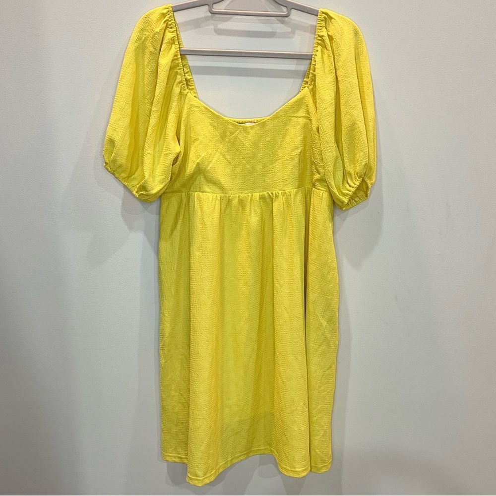 Davi and Dani Textured Puff Sleeve Babydoll Dress With Pockets Yellow Size Large